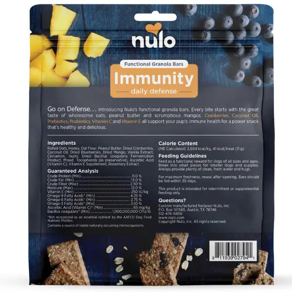 Nulo Functional Granola Bars Immune Support Blueberry and Mango Slow-Baked Crunchy Dog Treats -  10 Oz