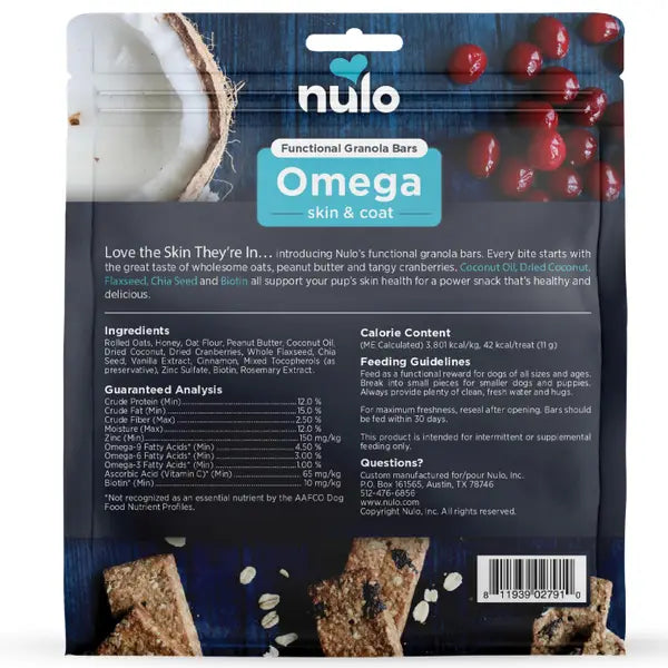 Nulo Functional Granola Bars Skin and Coat Health Coconut and Cranberry Slow-Baked Crunchy Dog Treats -  10 Oz