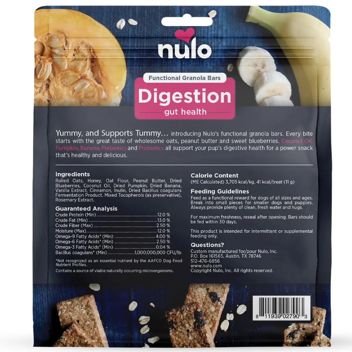 Nulo Functional Granola Bars Digestive Health Pumpkin and Banana Slow-Baked Crunchy Dog Treats -  10 Oz