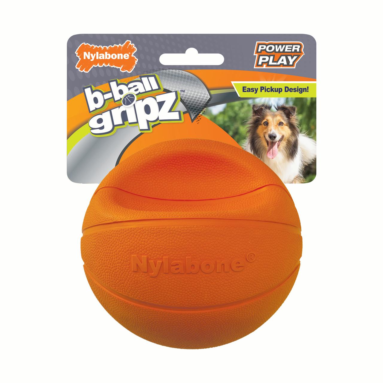 Nylabone Power Play B-Ball Gripz Basketball Interactive Fetch Chew and Squeak Rubber Dog Toy - Orange - Medium
