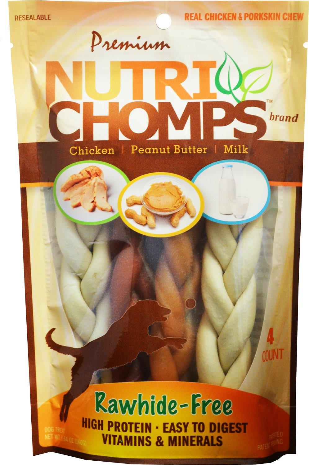 Scott Pet Nutri-Chomps Rawhide-Free Braids Assorted Flavor Chicken Peanut Butter and Milk Natural Dog Chew Treats - 6" Inches - 4 Count  