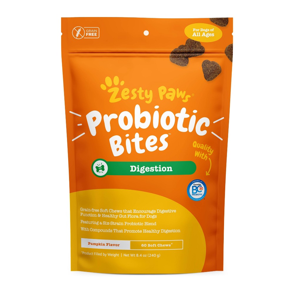 Zesty Paws Probiotic Bites Gut Health Pumpkin Flavored Supplemental Soft and Chewy Dog Treats - 60 Count