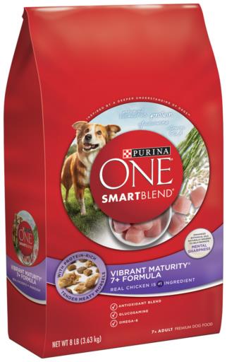 Purina One SmartBlend Vibrant Maturity 7+ Senior Adult Chicken Dry Dog Food - 8 Lbs - Case of 4  