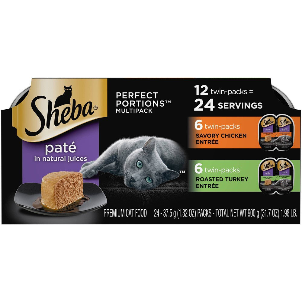 Sheba Perfect Portions Cuts in Gravy Roasted Chicken and Tender Turkey Twin Pack Wet Cat Food Trays - Variety Pack - 2.6 Oz - 12 Pack - Case of 2