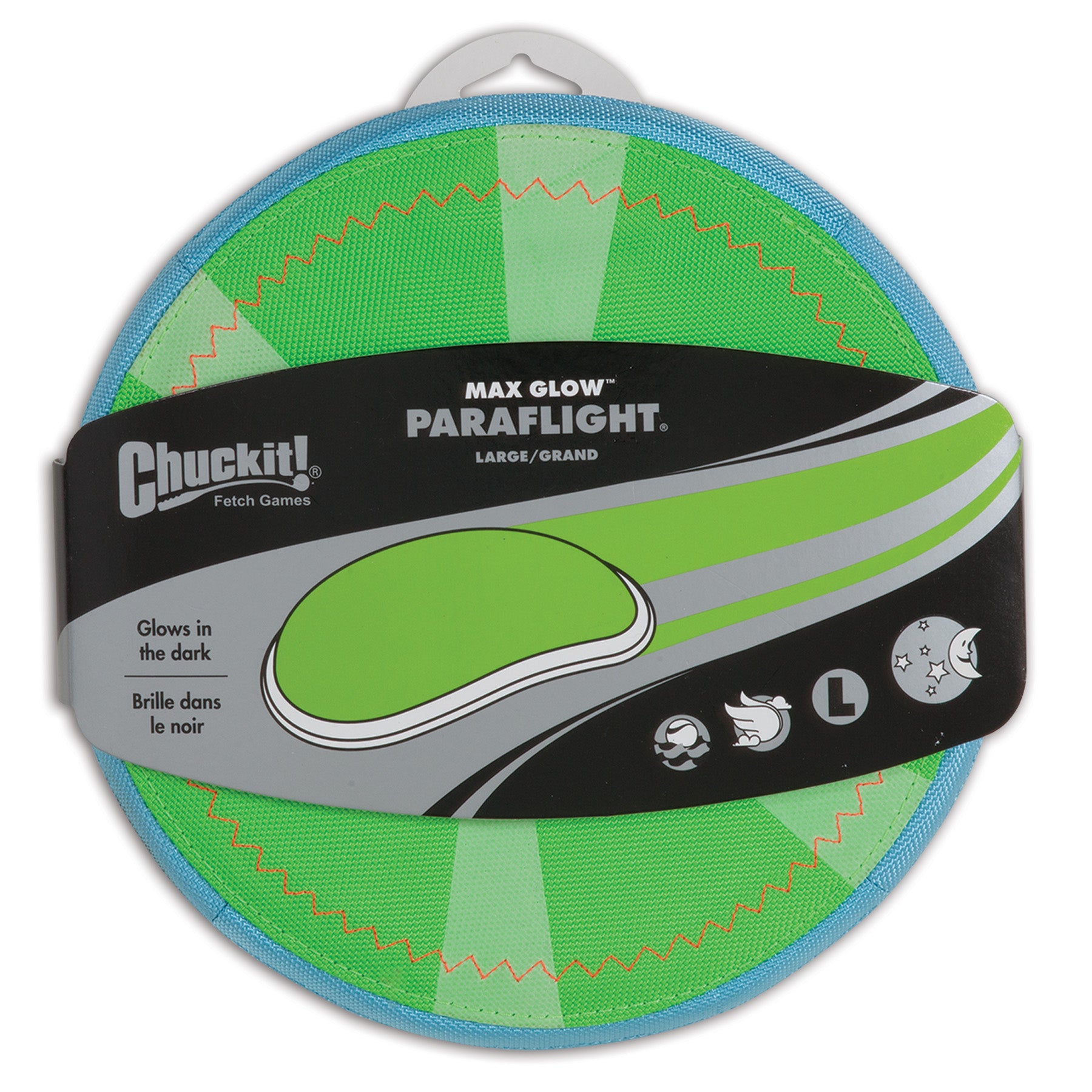 Chuckit! Petmate Max-Glow Glow-in-the-Dark Paraflight Flying Disc Interactive Floating Fetch Dog Toy - Green - Large - 9.75 Inch