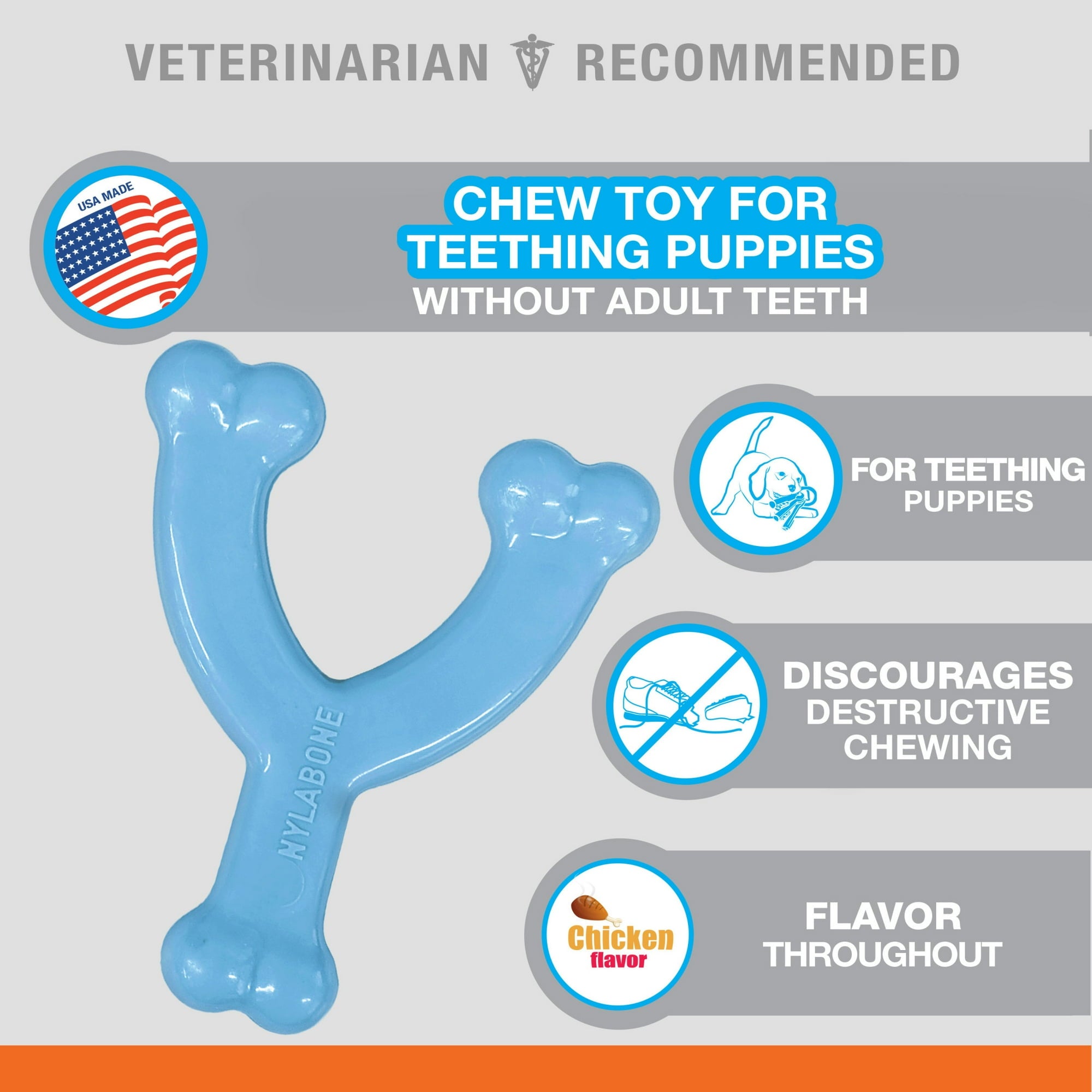 Nylabone Wishbone Puppy Teething Chicken Flavored Nylon Chew Dog Toy -  Blue - Extra Small/Petite