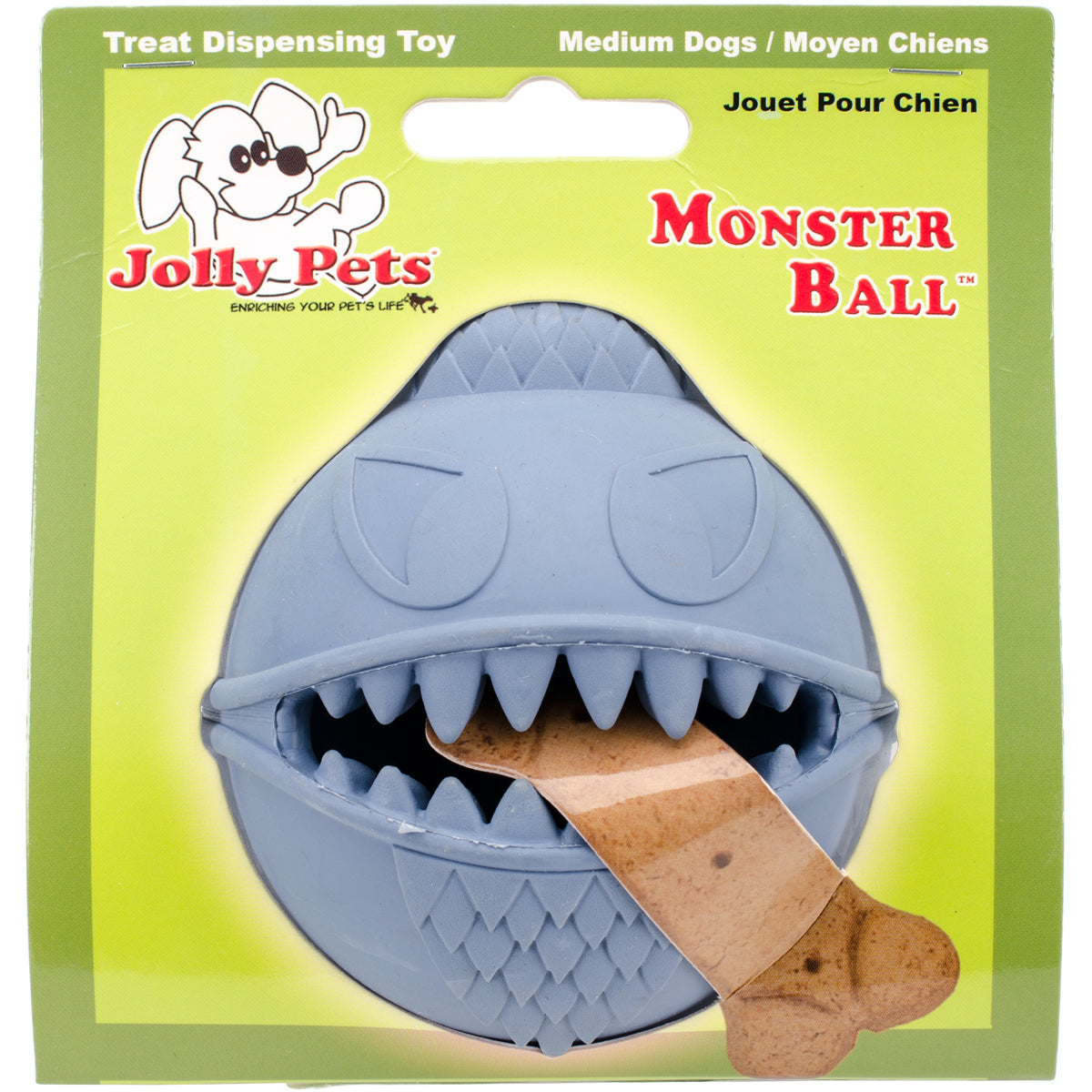 Jolly Pets Monster Ball Treat-Inserting and Freezing Bounce and Fetch Rubber Dog Toy - Blue - 3.5 Inch