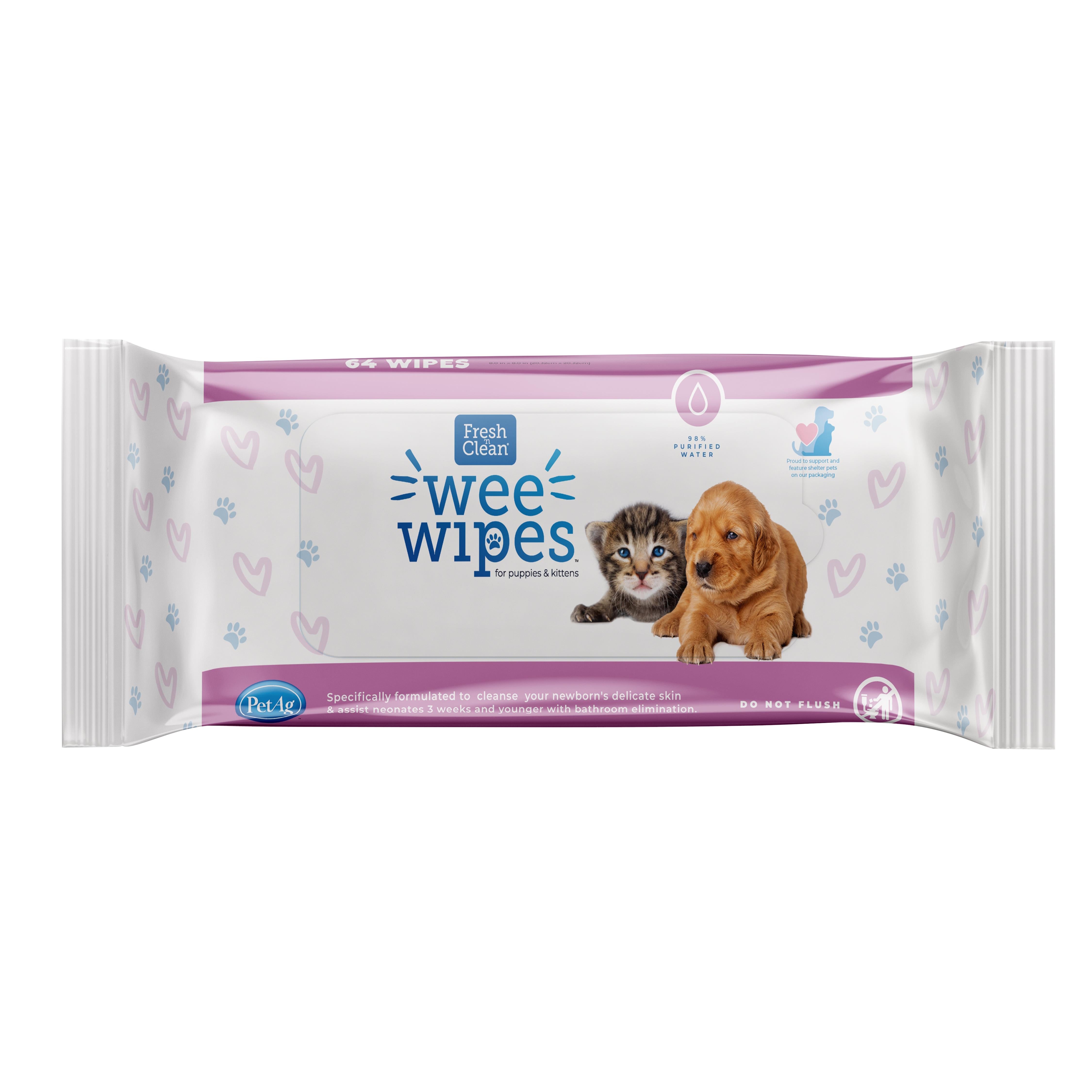 PetAg Fresh N' Clean Wee Pet Wipes for Puppies and Kittens - 64 Count  