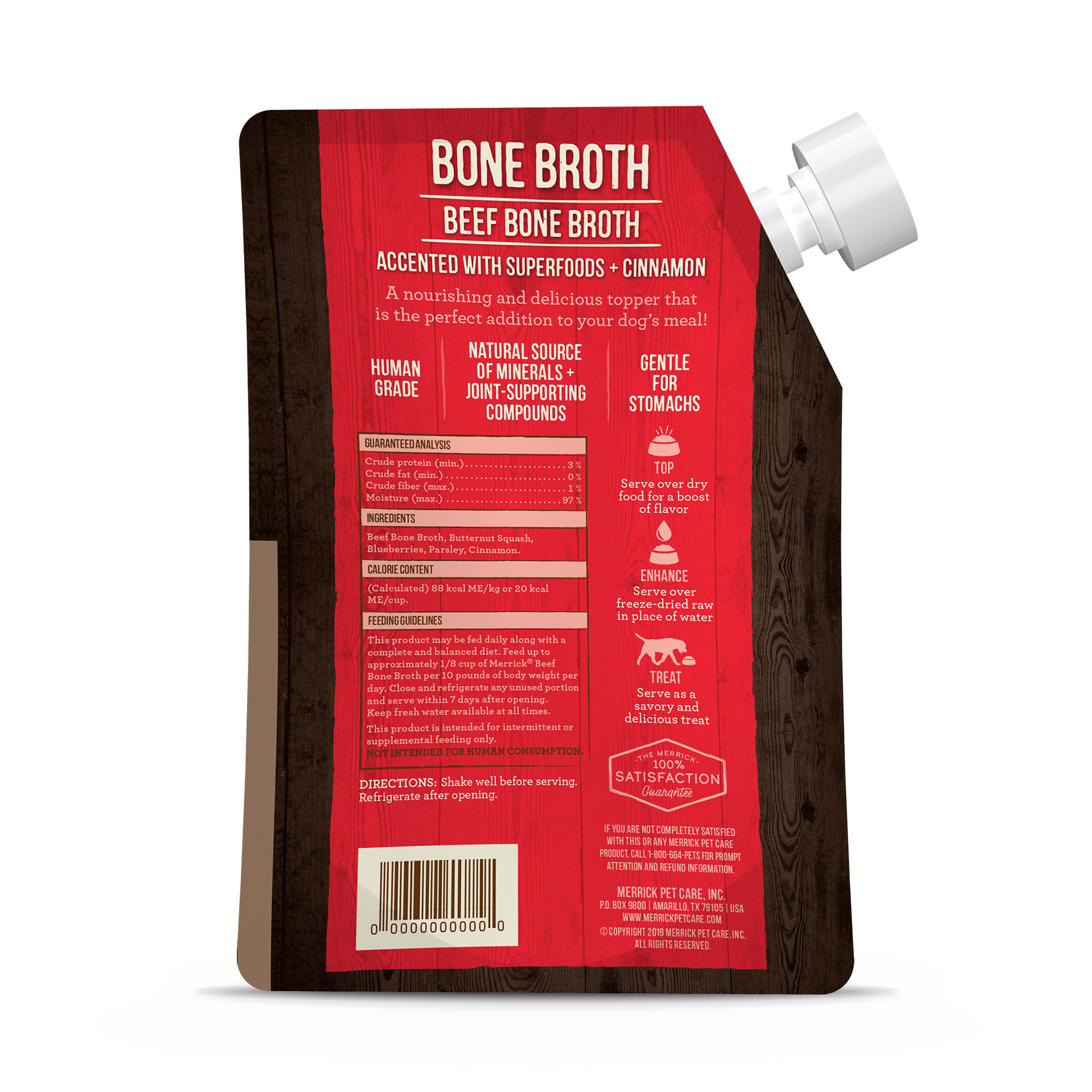 Merrick Grain-Free Beef Bone Broth with Superfoods Wet Cat and Dog Food Topper Pouch - 16 Oz