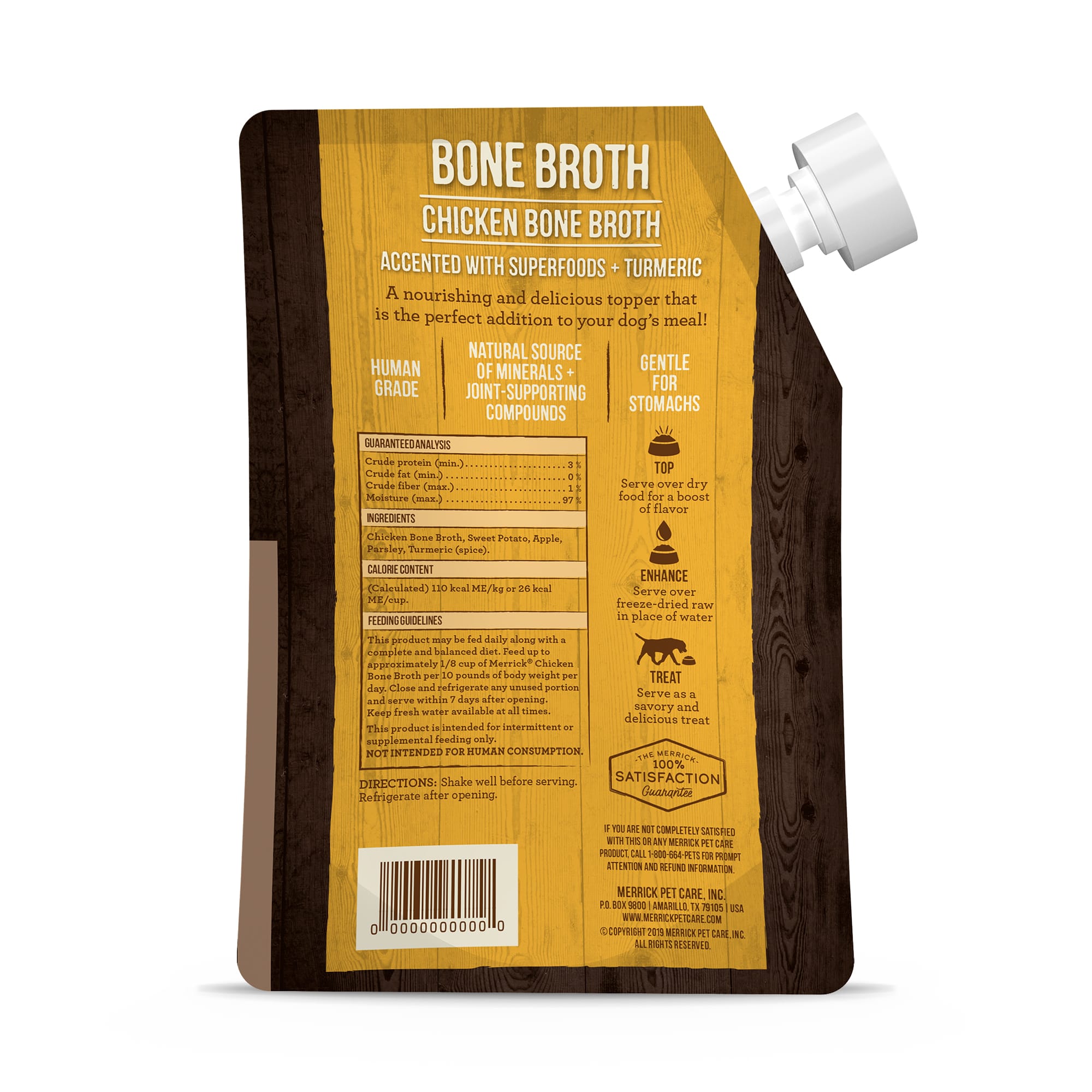 Merrick Grain-Free Chicken Bone Broth with Superfoods Wet Cat and Dog Food Topper Pouch - 16 Oz