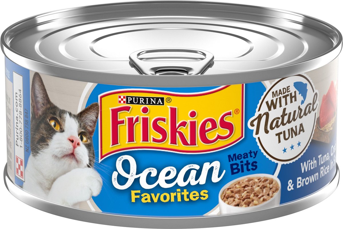 Purina Friskies Ocean Favorites Meaty Bits Tuna Crab with Brown Rice in Sauce Canned Cat Food - 5.5 Oz - Case of 24