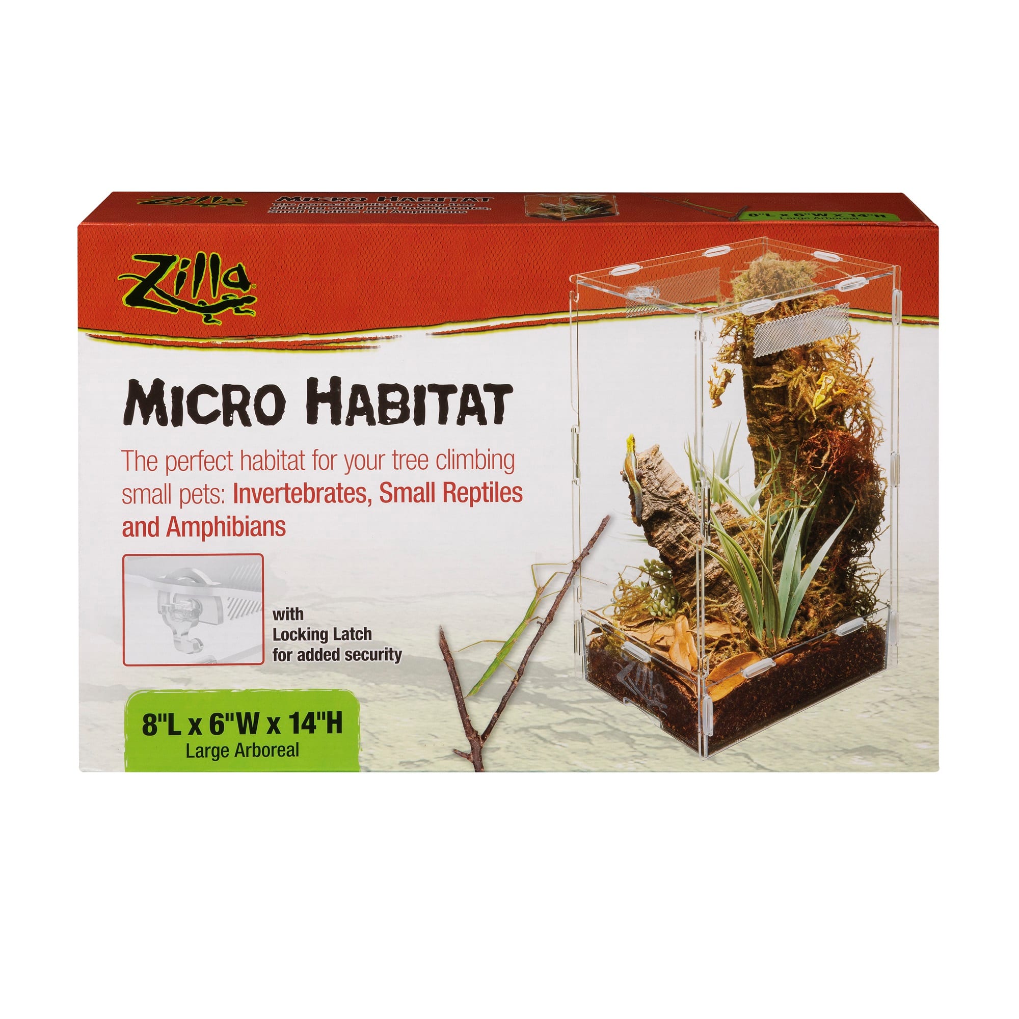 Zilla Micro Habitat Acrylic Terrarium Arboreal with Locking Latch Enclosures for Insects Large - L:8 X W:6 X H:14 In