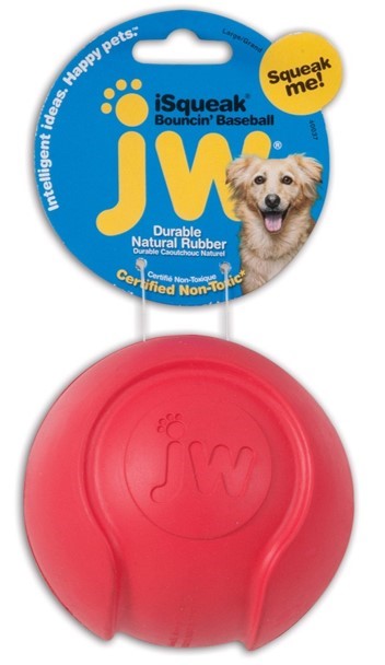 JW Pet iSqueak Bouncin' Baseball Chew and Fetch Squeaky Rubber Dog Toy - Colors Vary - Small