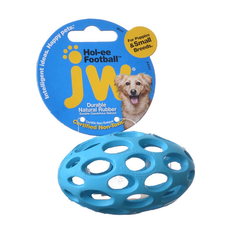 JW Pet HOL-EE Football Puzzle Fetch and Tug Chew Rubber Dog Toy - Assorted Color - Mini
