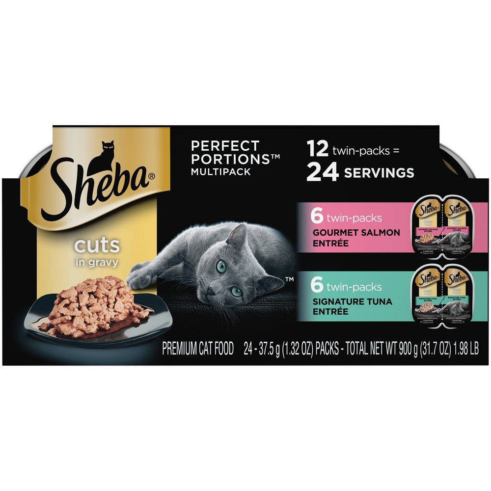 Sheba Perfect Portions Cuts in Gravy Seafood Salmon and Tuna Twin Pack Wet Cat Food Trays - Variety Pack - 2.6 Oz - 12 Pack - Case of 2 Default Title