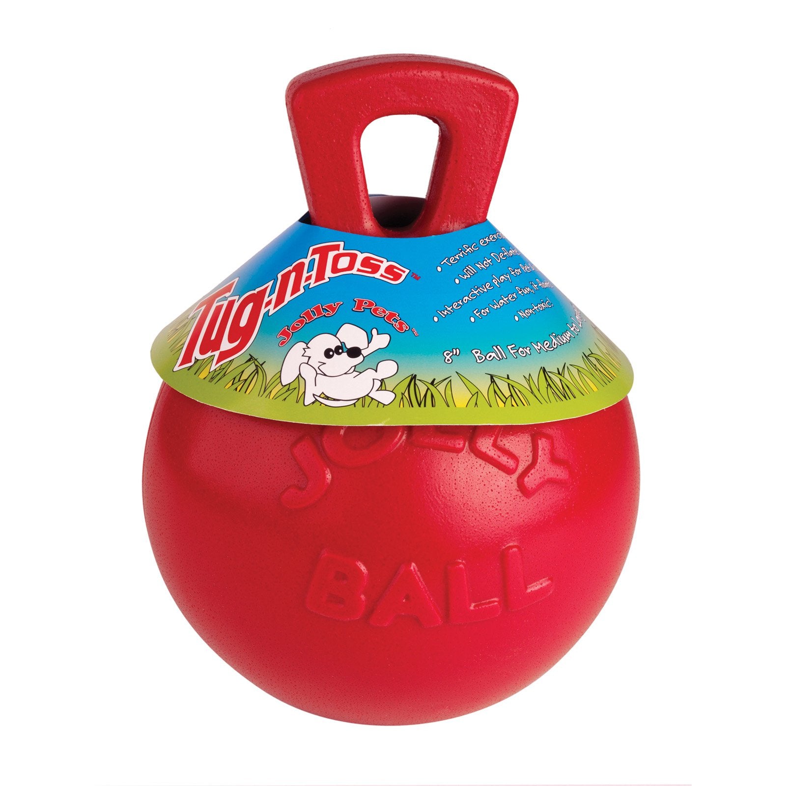 Jolly Pets Tug-N-Toss Fetch Ball Dog Toy with Handle - Red - Large - 8 Inch