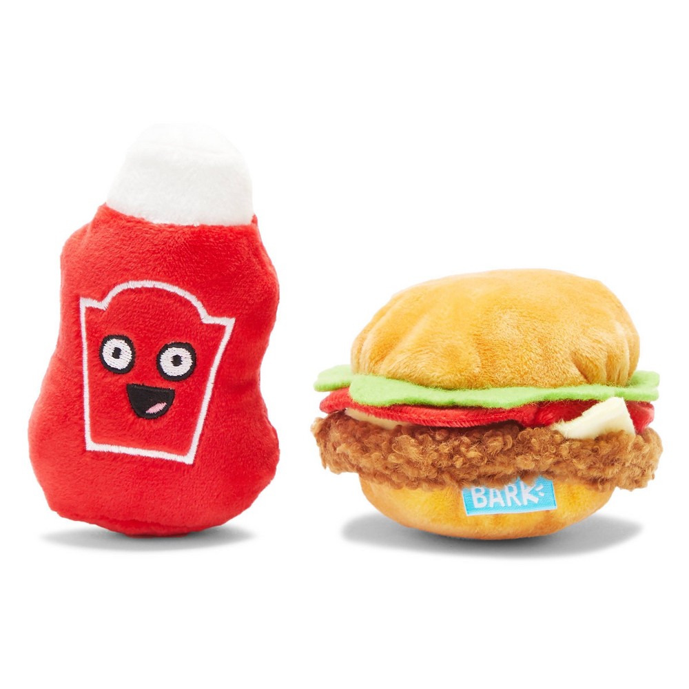 Bark Box Cookout Burger and Ketchup 2-Piece Squeak and Plush Dog Toy - Red and Brown