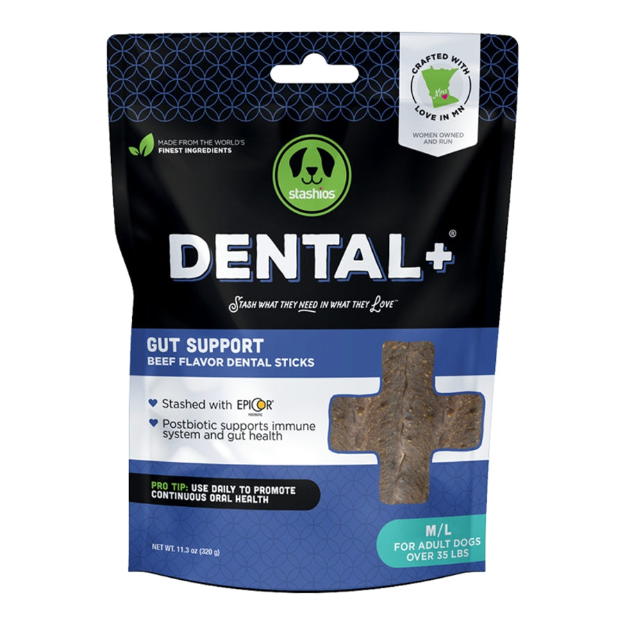 Stashios Dental+ Sticks with Gut Support Beef Broth Dog Dental Chews - Dogs Over 35 Lbs -  Medium/Large - 11.3 Oz