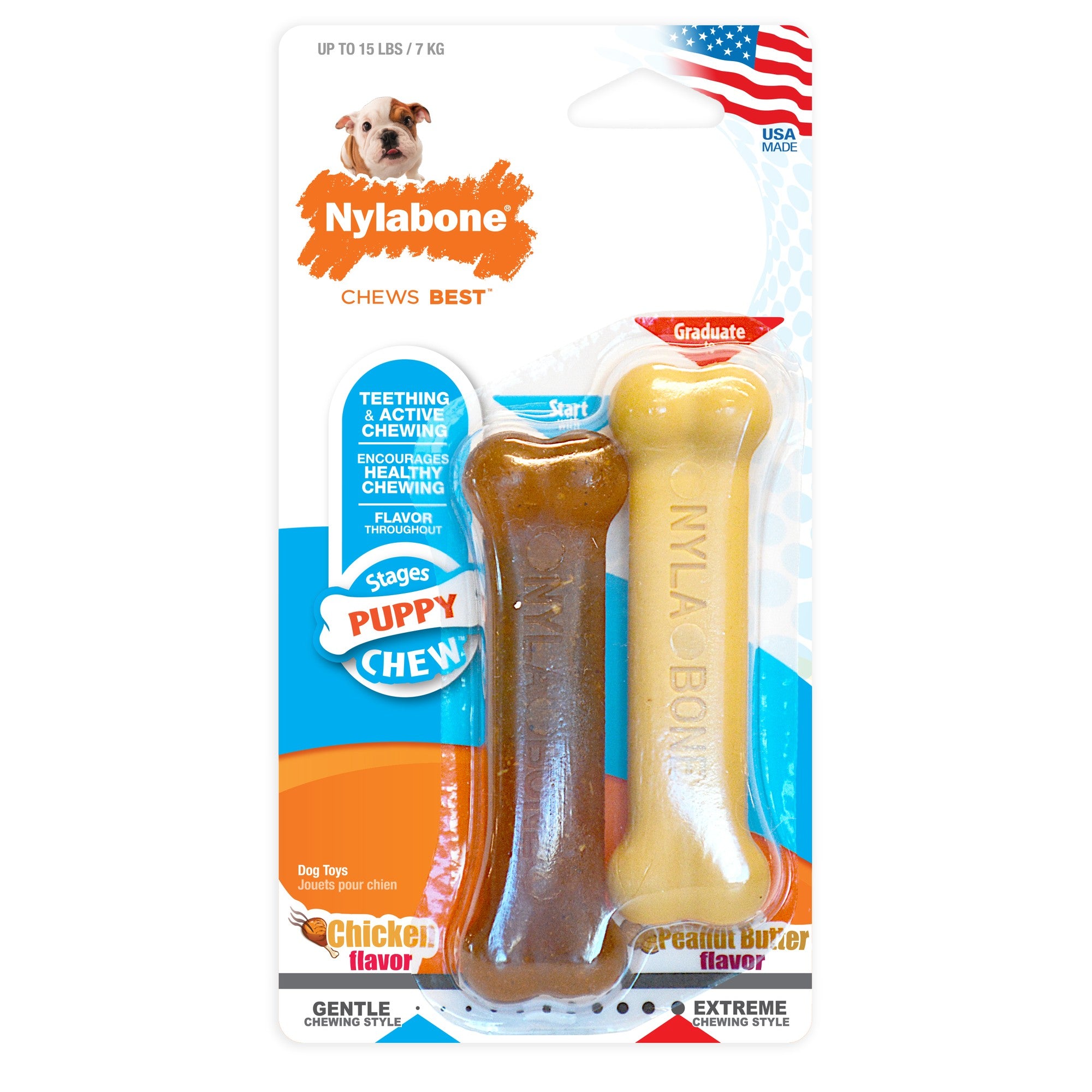 Nylabone Classic Bone Puppy-Chew Peanut Butter and Chicken Flavor Puppy Nylon Chew Dog Toy - Extra Small - 2 Pack