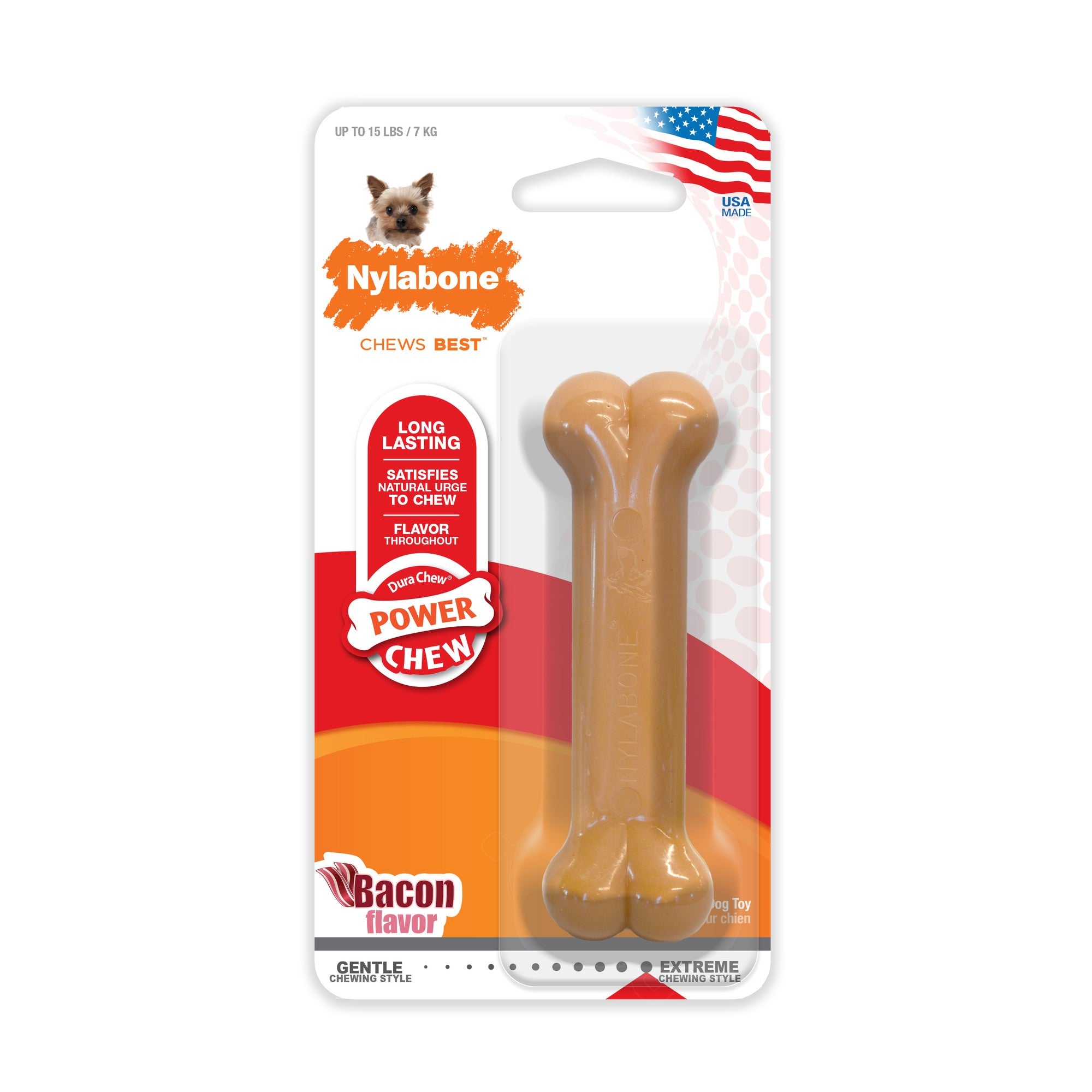 Nylabone Classic Bone Durable Power-Chew Bacon Flavored Nylon Chew Dog Toy - Extra Small/Petite
