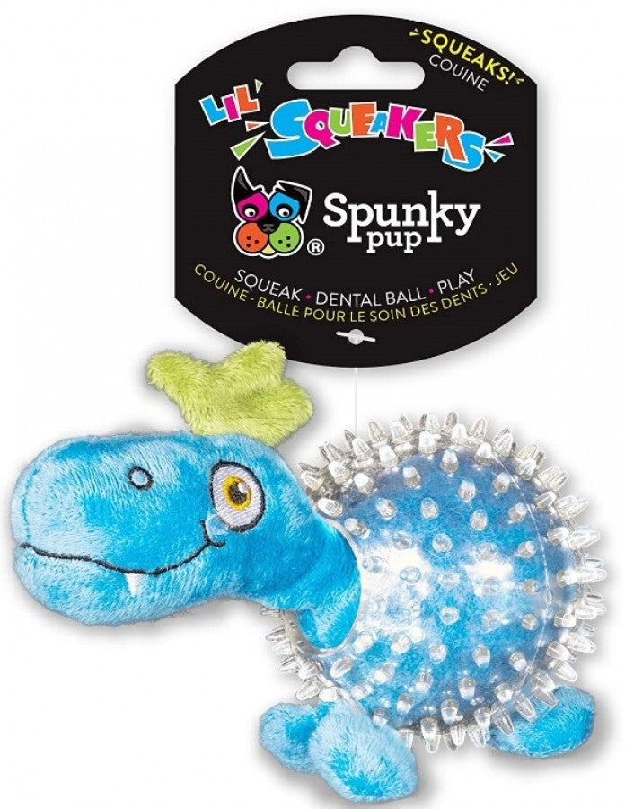 Spunky Pup Lil' Squeakers Dinosaur in Clear Spikey Ball Squeak and Plush Dog Toy