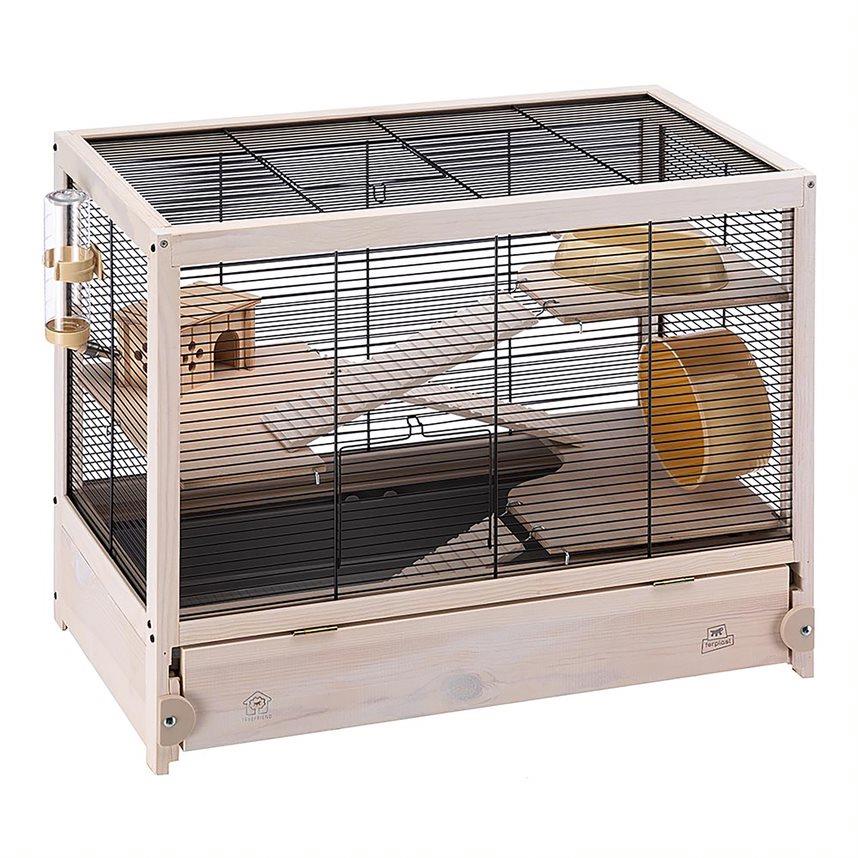 Ferplast Hampsterville Hampster Cage with Wooden Base and Accessories - Tan - 22.7" X 12.2" X 2.6" Inches  