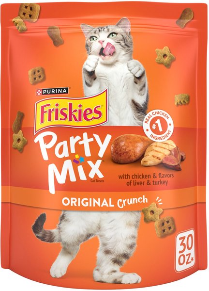 Purina Friskies Party Mix Canister Chicken Liver and Turkey Crunchy Cat Treats - 30 Oz - Case of 2