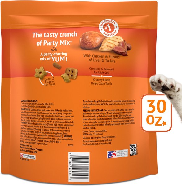 Purina Friskies Party Mix Canister Chicken Liver and Turkey Crunchy Cat Treats - 30 Oz - Case of 2