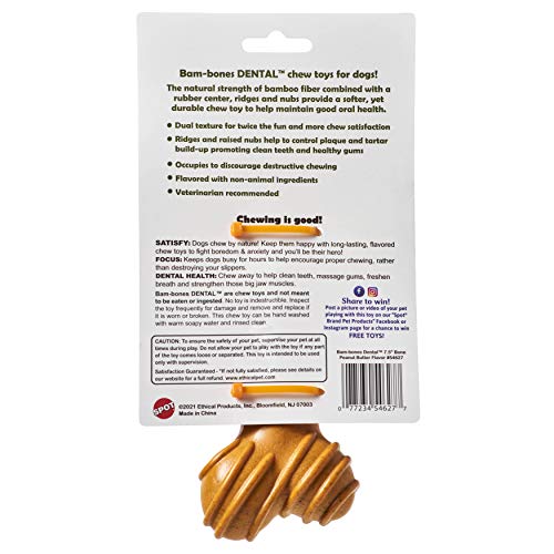 Ethical SPOT Bam-Bones Peanut Butter Flavor Natural Bamboo and Rubber Dental Dog Toy - 7 Inch