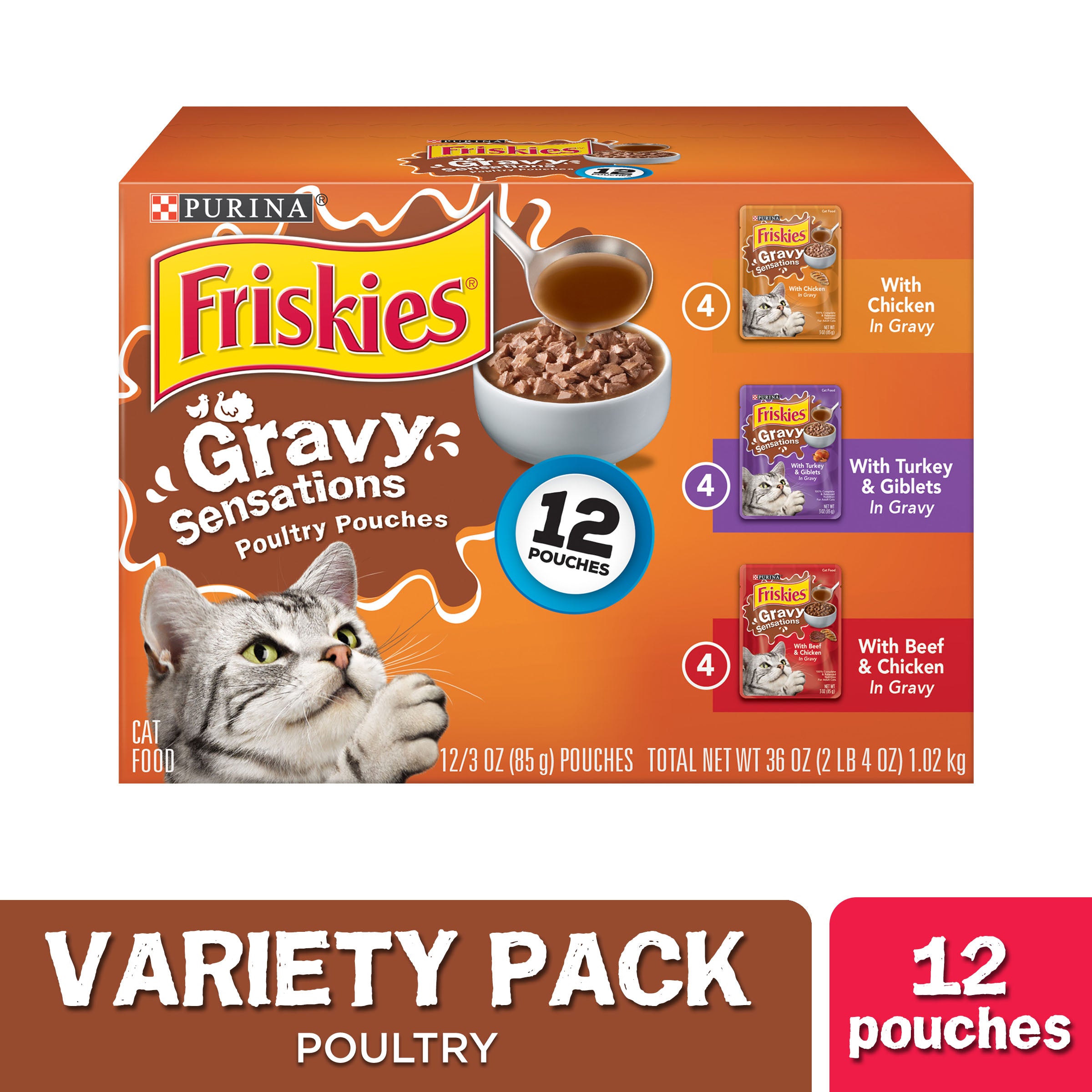 Purina Friskies Gravy Sensations Chicken Turkey and Beef in Gravy Wet Cat Food Pouch - Variety Pack - 3 Oz - Case of 12 - 2 Pack