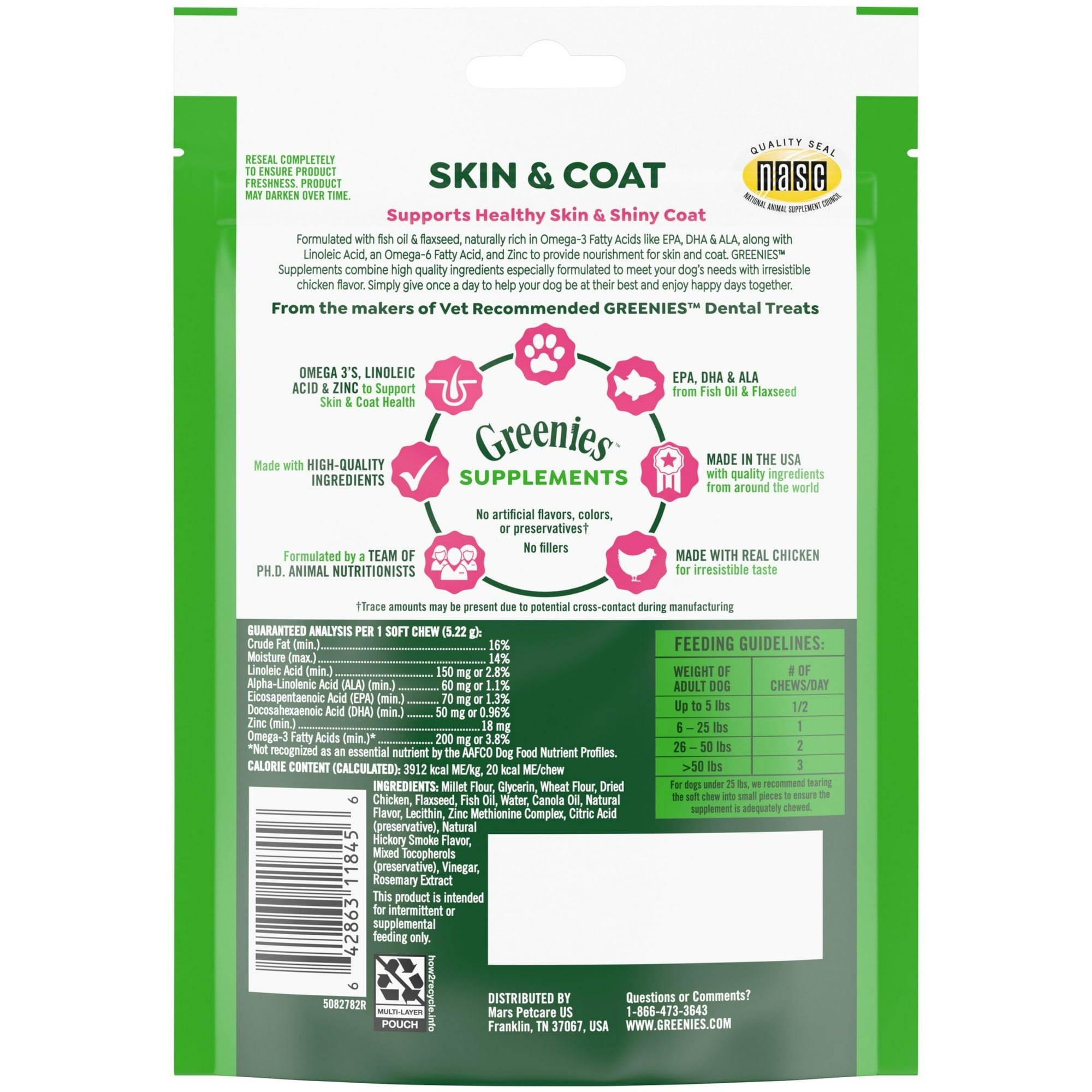 Greenies Skin and Coat Omega-3 Adult Soft Chew Dog Supplements - 40 Count - 7.37 Oz - 6 Pack