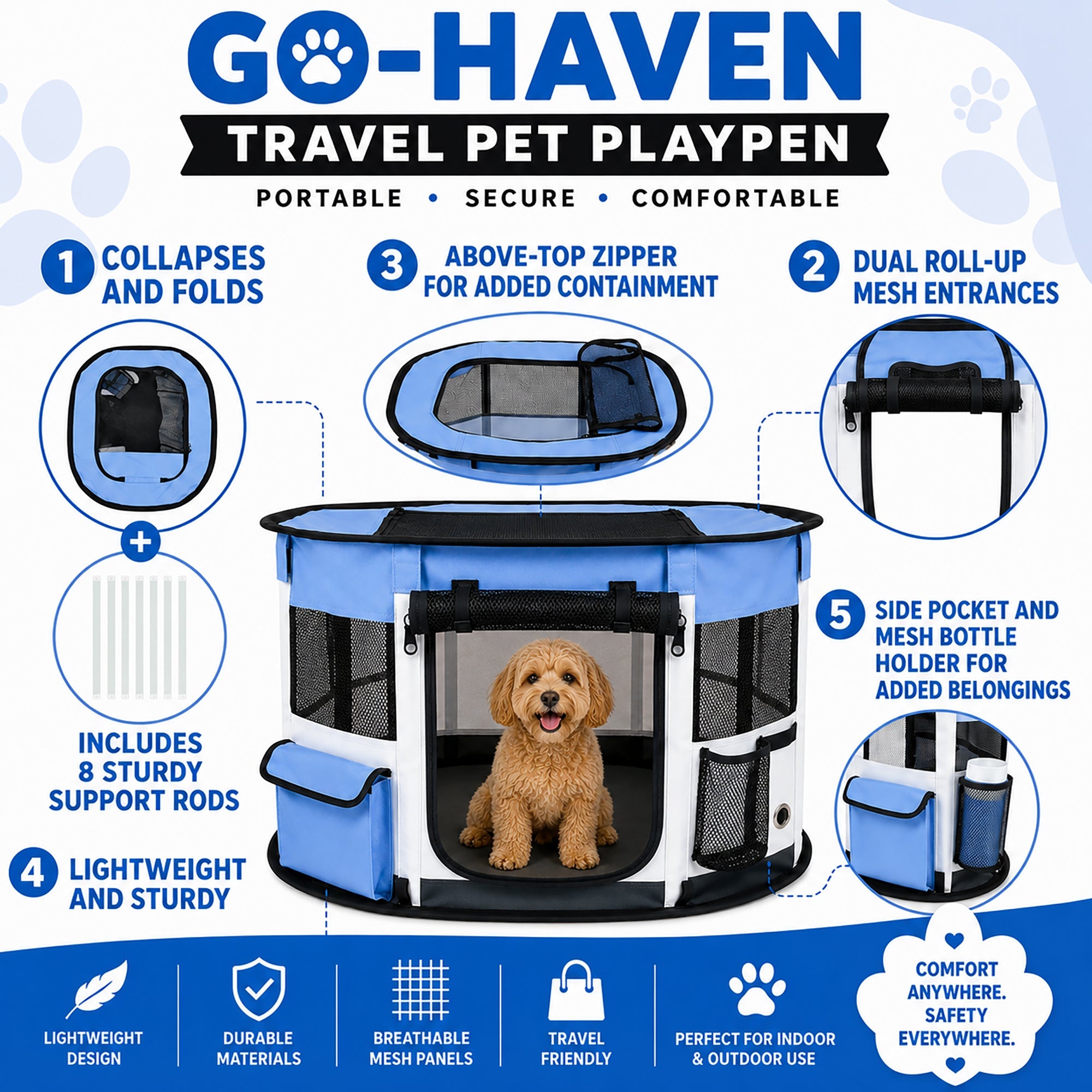 Pet Life ® “GoHaven” Collapsible Sturdy Travel Pet Playpen