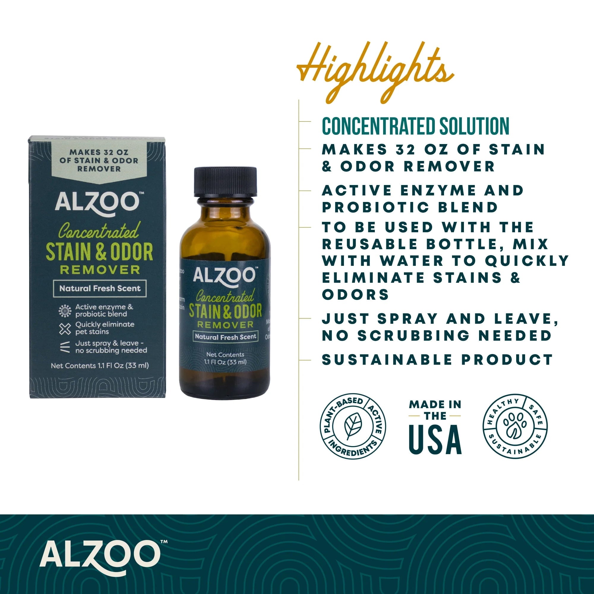 Alzoo Concentrated Enzyme-Based Sustainable Stain and Odor Remover Refill Bottle - 1.1 Oz     