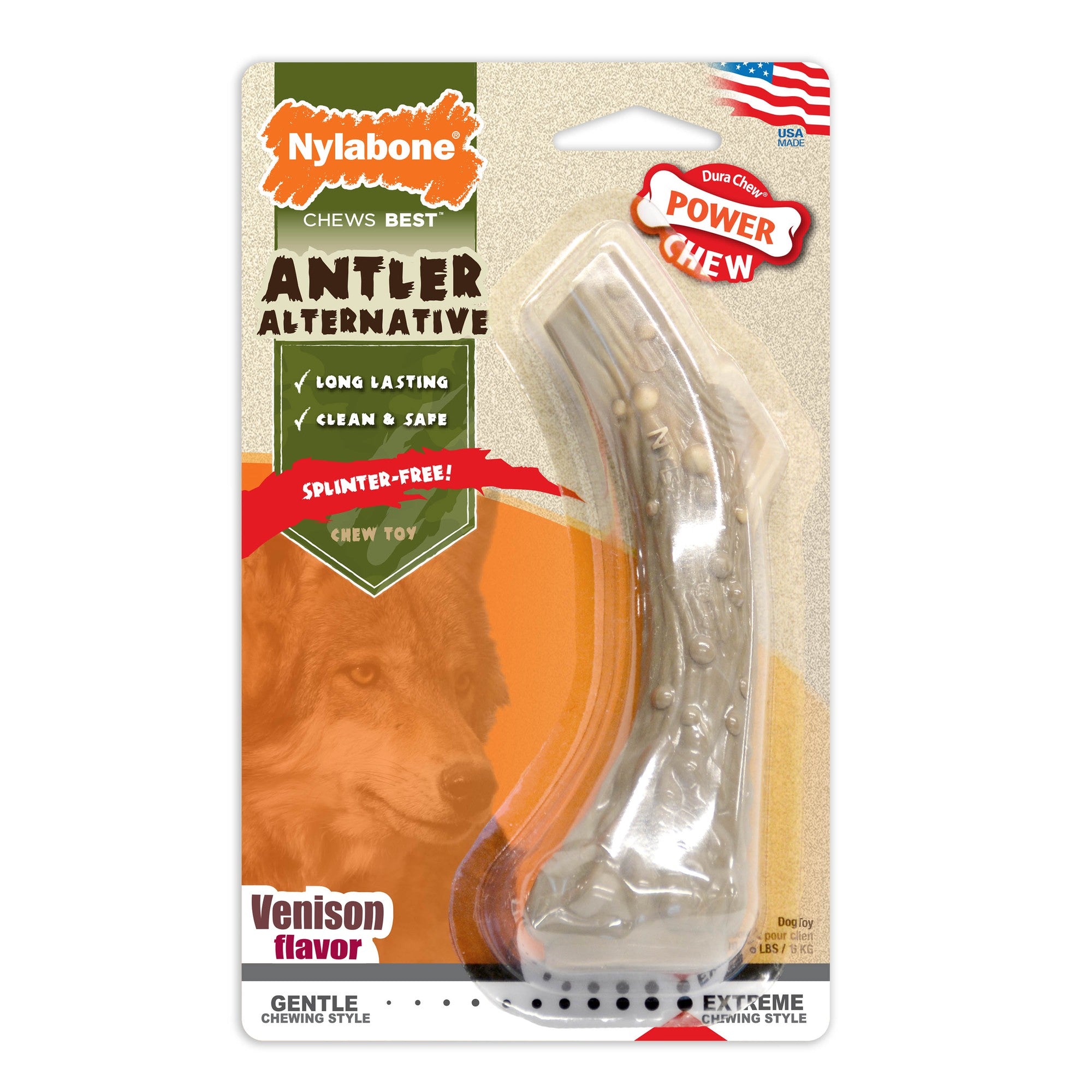 Nylabone Antler Alternative Durable Aggressive-Chew Venison Flavor Nylon Chew Dog Toy - Medium