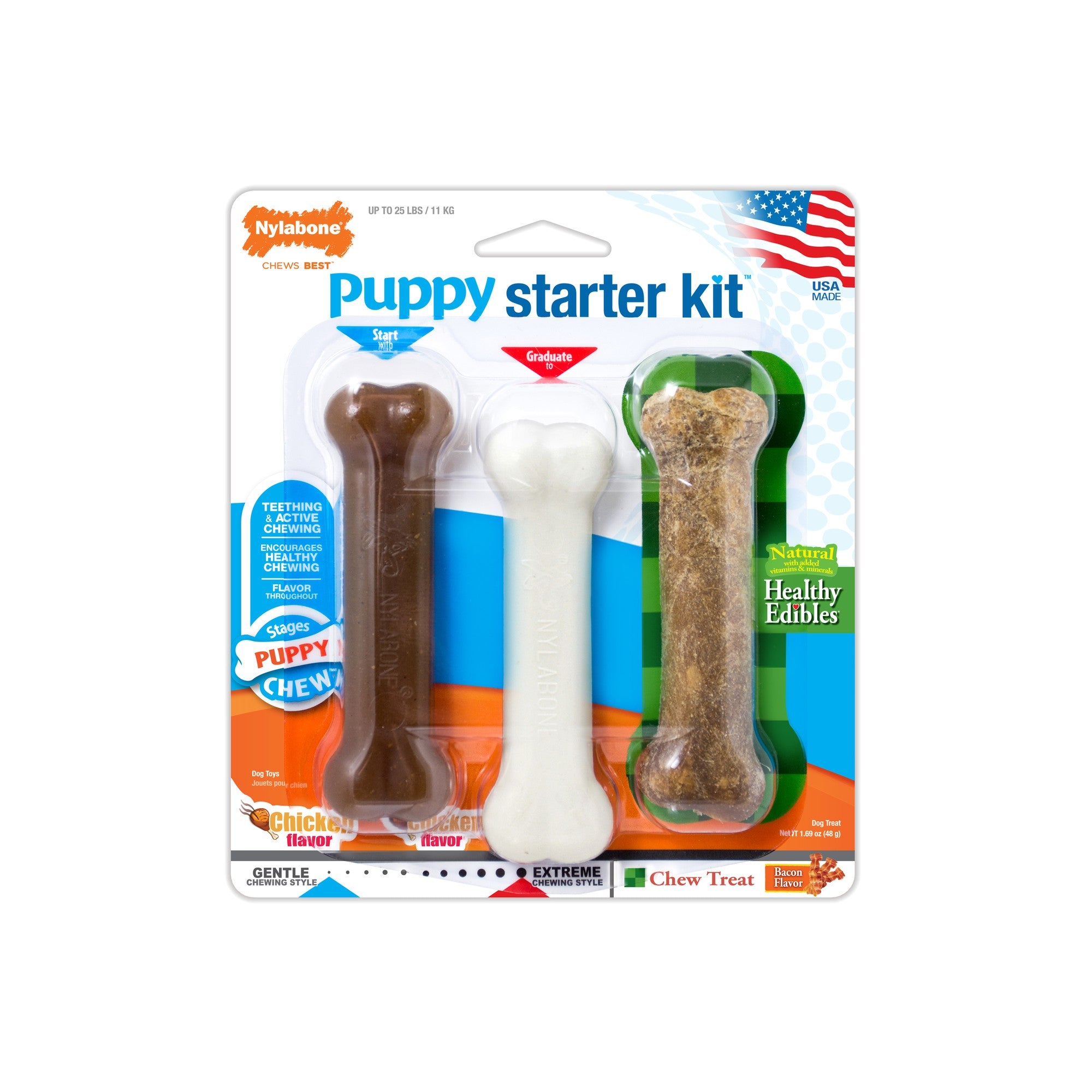 Nylabone Stages Bones Puppy Starter Kit Bacon and Chicken Flavored Nylon Dog Toy and Edible Treat - 3 Pack
