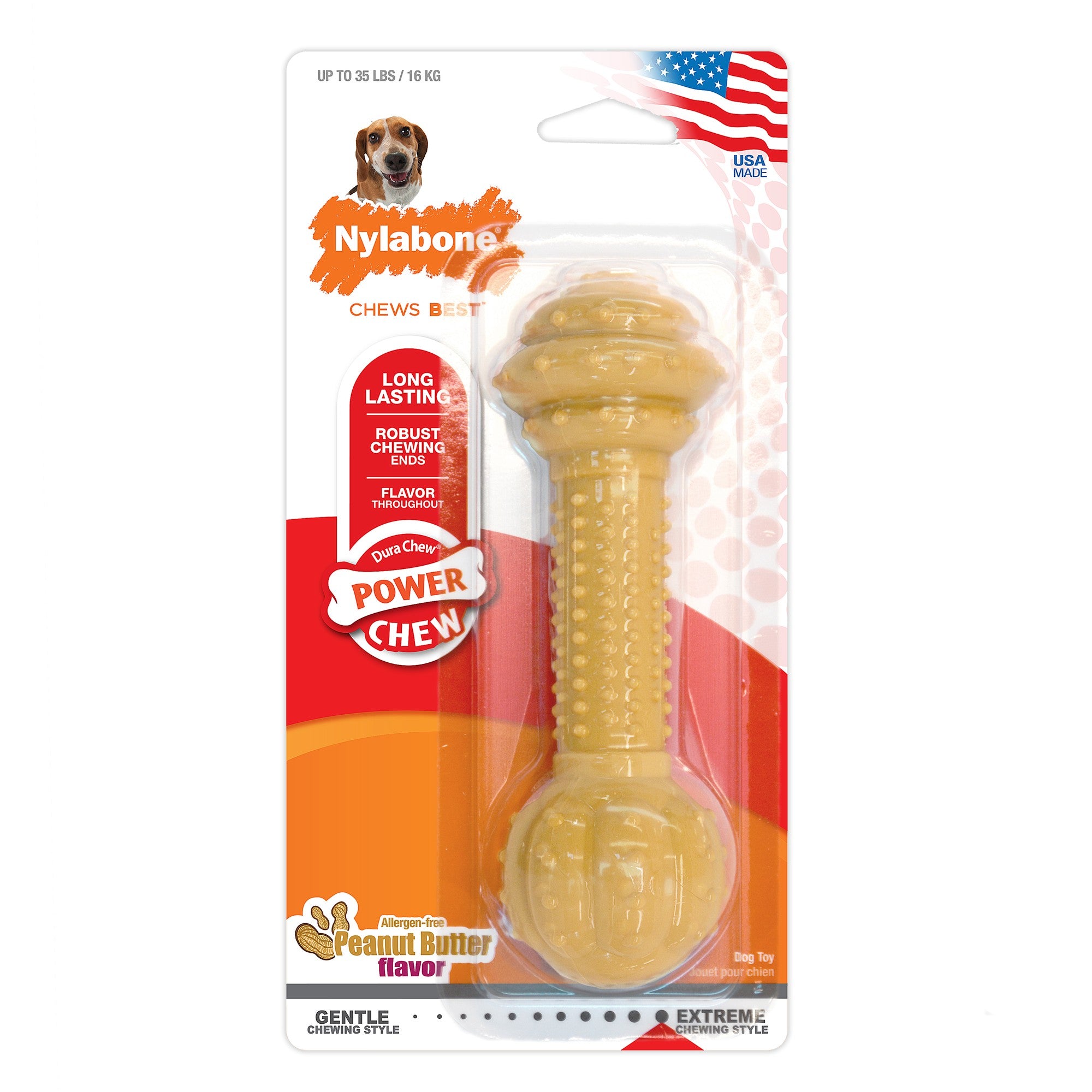 Nylabone Barbell-Bone Durable Power-Chew Peanut Butter Flavored Nylon Chew Dog Toy - Medium