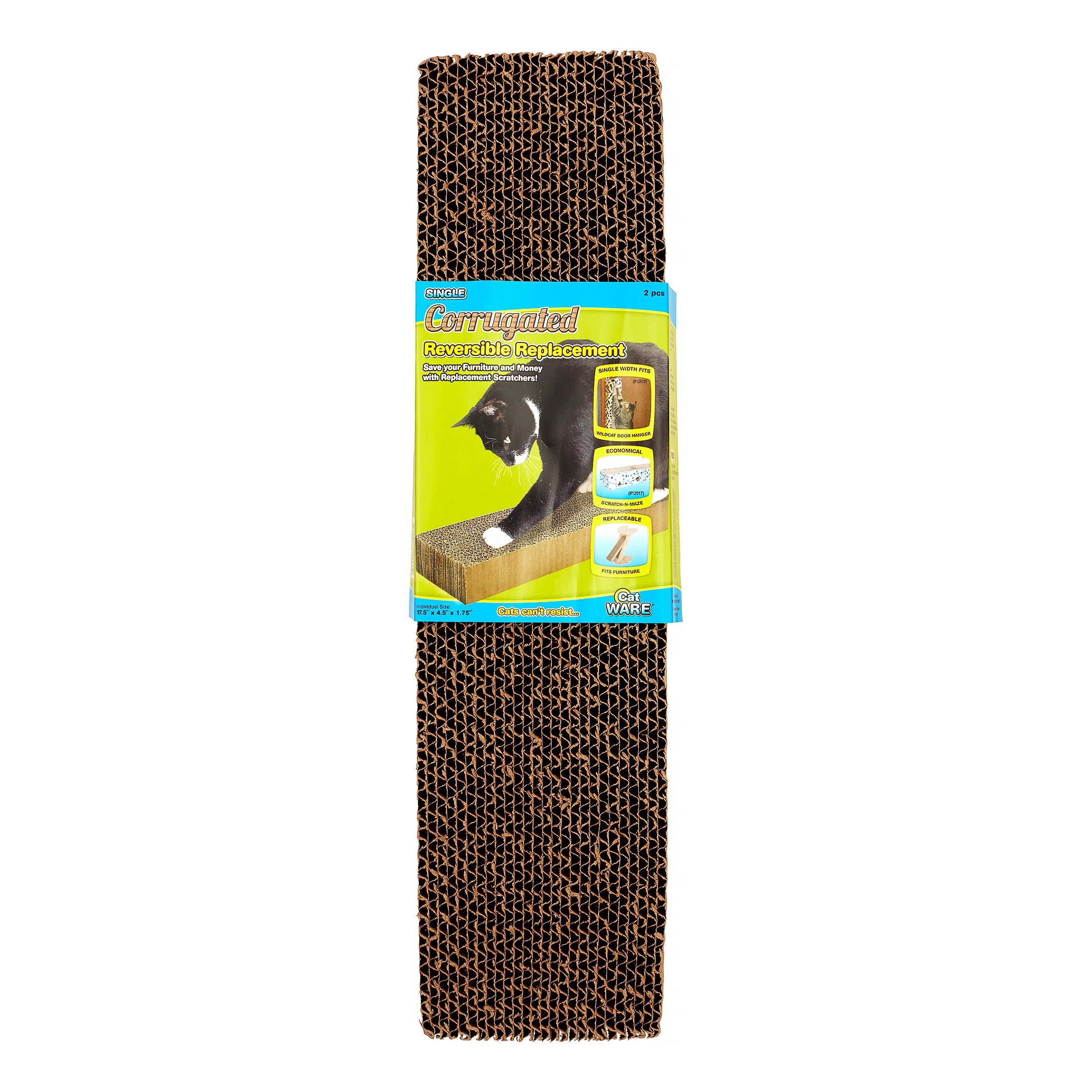 Ware Single-Wide Corrugated Cat Scratcher Replacement Pads with Catnip - L:17.5 X W:4.5 X H:1.75 Inch - 2 Pack