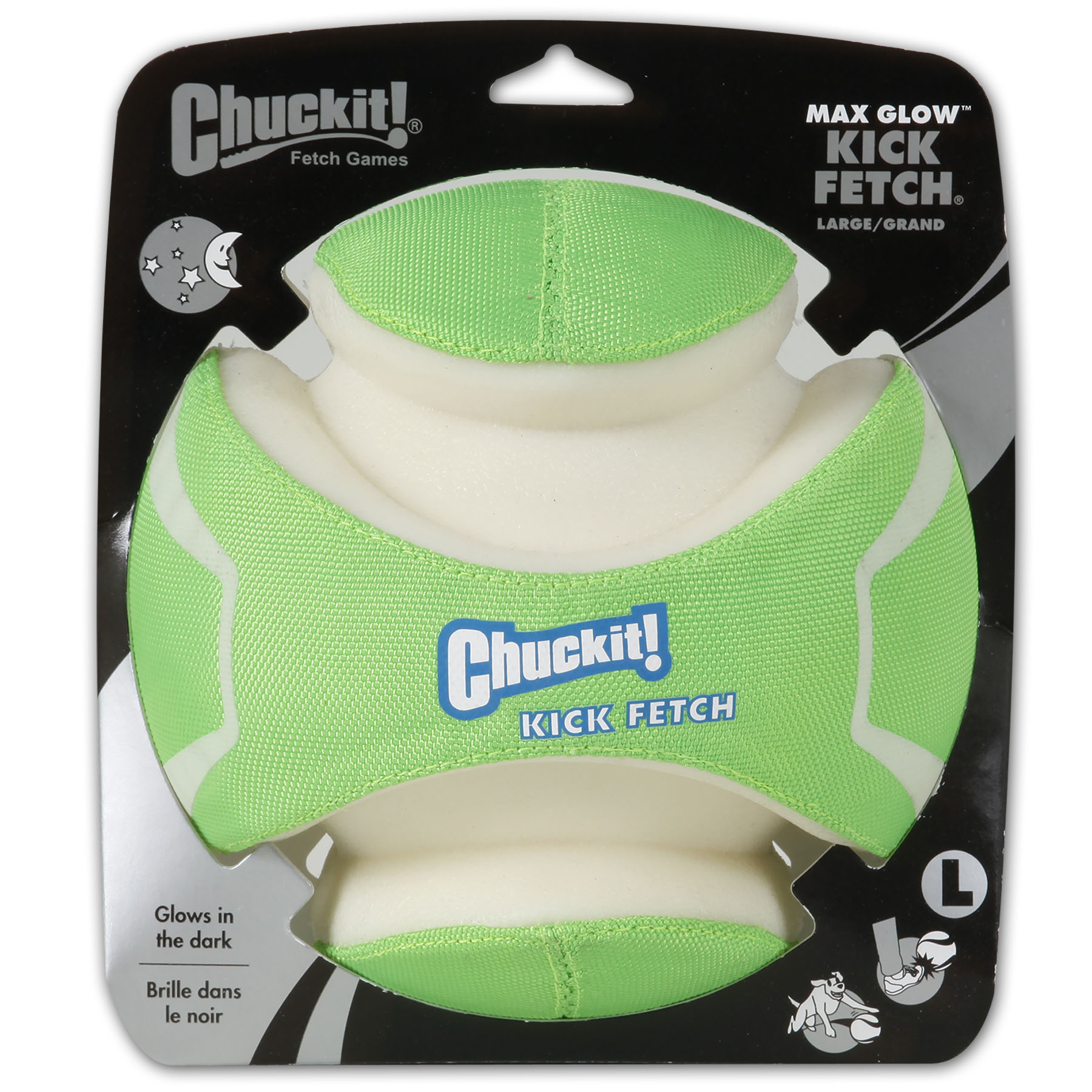 Chuckit! Petmate Kick-Fetch Max-Glow Glow-in-the-Dark Ball Canvas Rubber and Foam Floating Dog Toy - Green - Large - 7.5 Inch