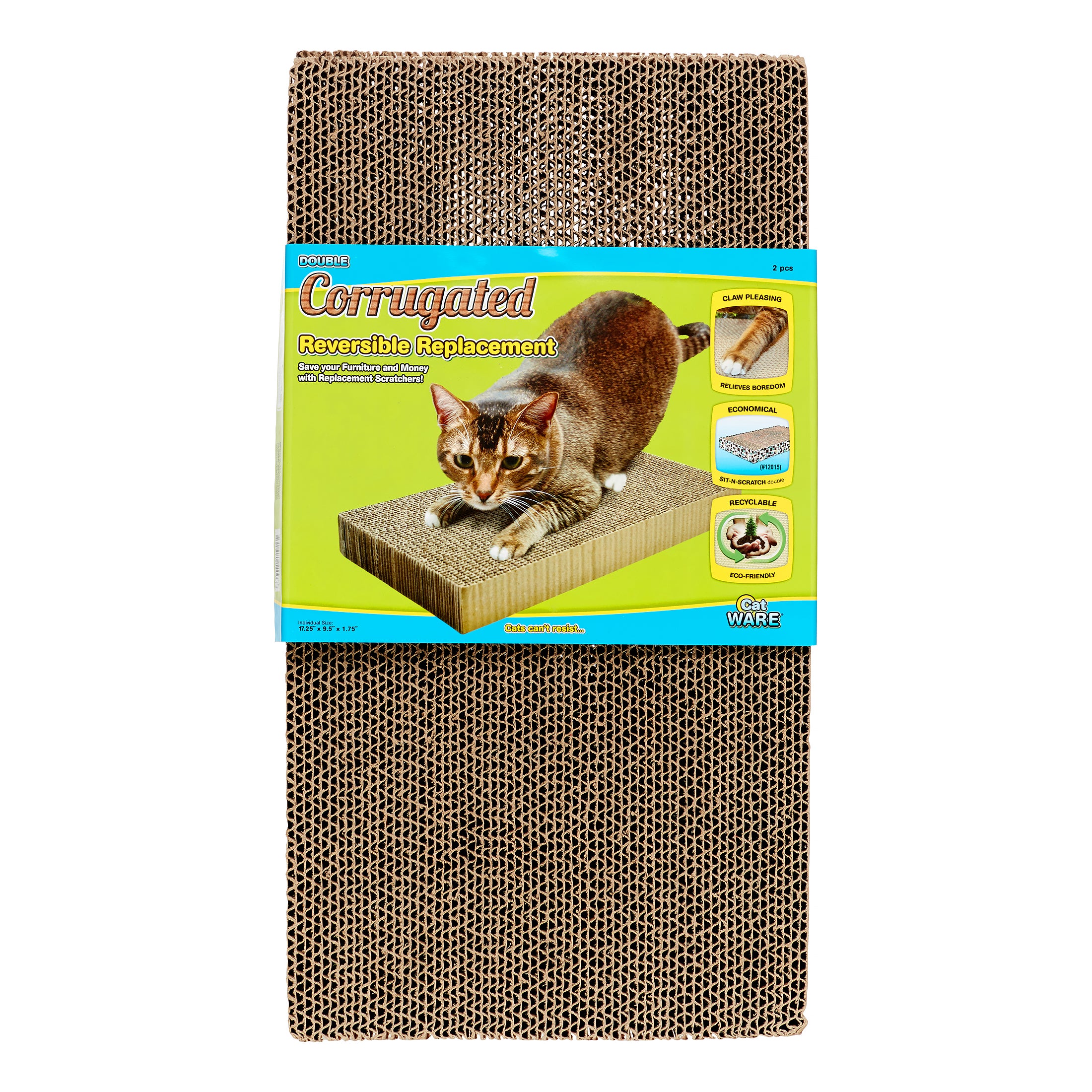Ware Double-Wide Corugated Cat Scratcher Replacement Pads - L:17.8 X W:9.5 X H:3.5 Inches - 2 Pack
