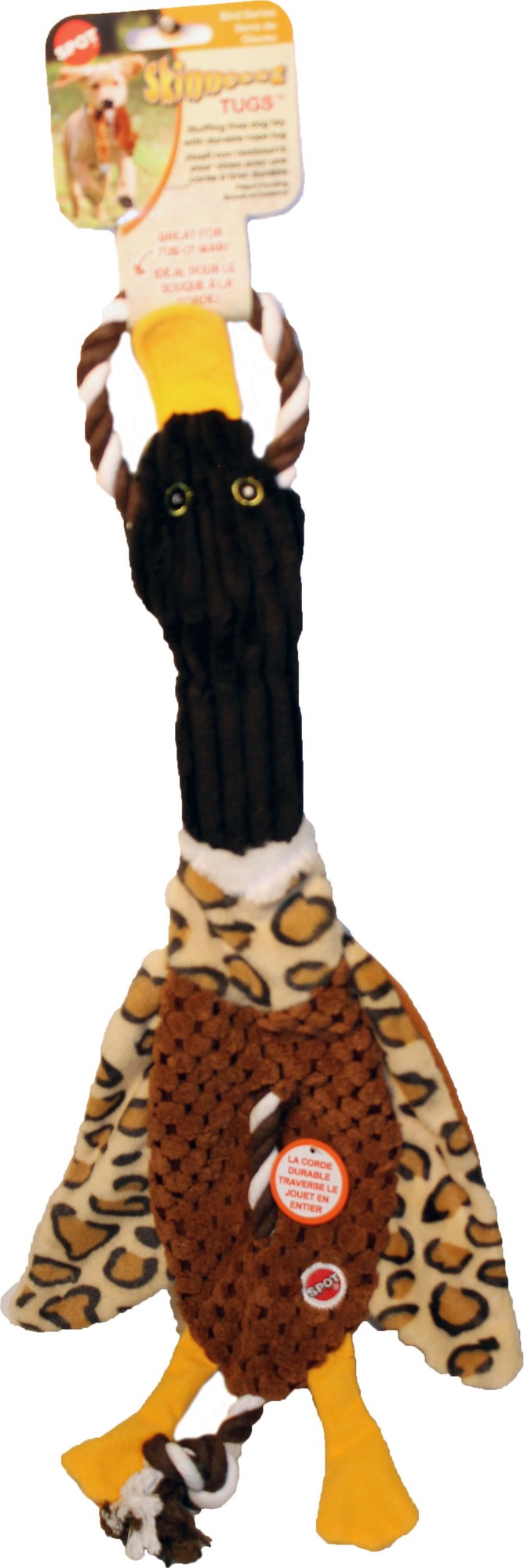 Ethical SPOT Skinneeez Stuffing-Free Duck Tugs Squeak and Rope Tug Soft Dog Toy - 14 Inch - Assorted Color