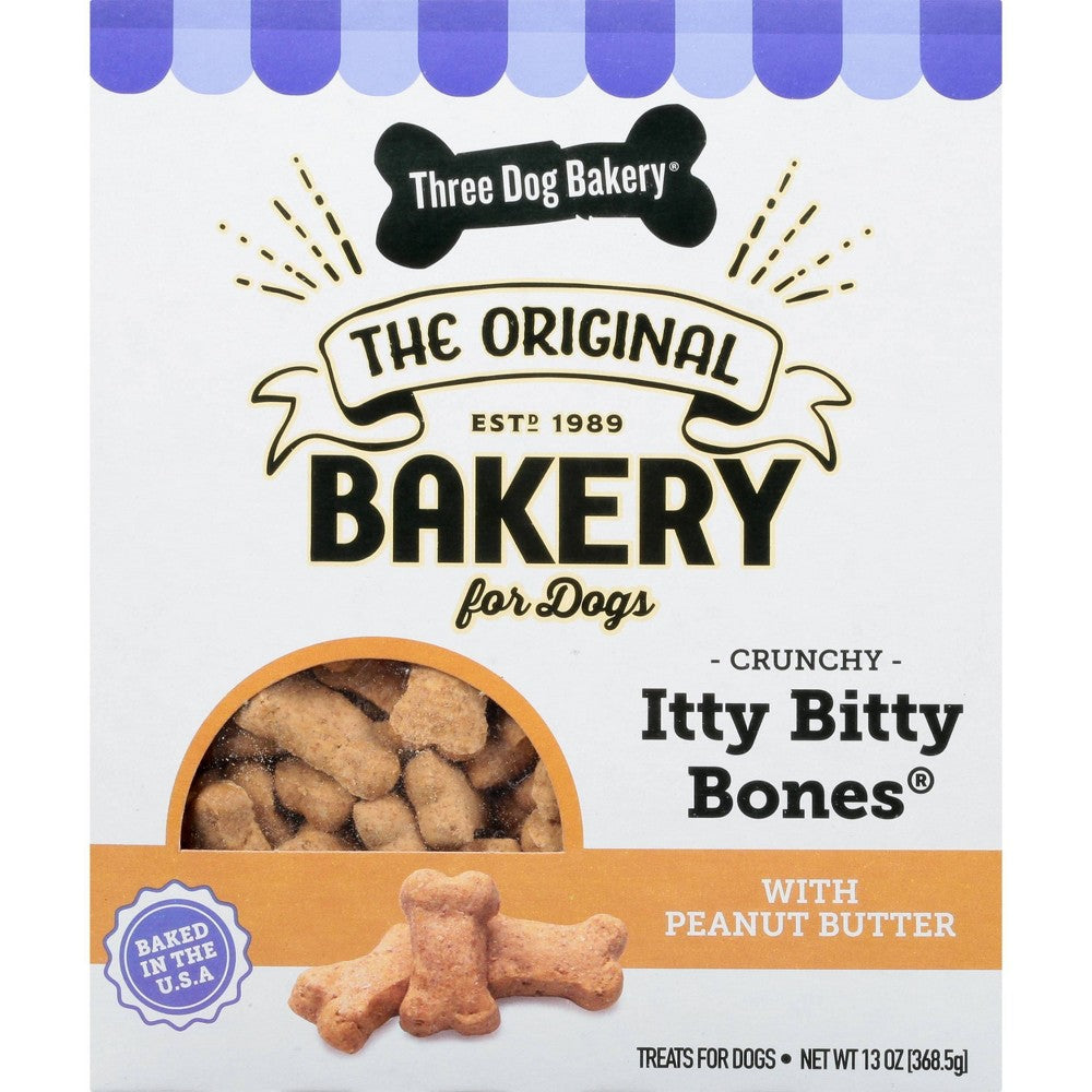 Three Dog Bakery Itty Bitty Bones Peanut Butter Baked Dog Bicuits Treats - 13 Oz - Case of 6