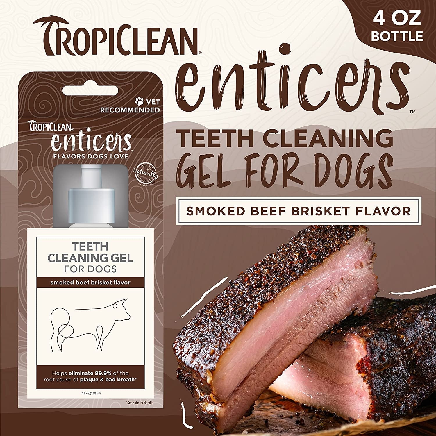 Tropiclean Enticers Smoked Beef Brisket Flavor Dental Oral Dog Teeth Cleaning Gel - 4 Oz