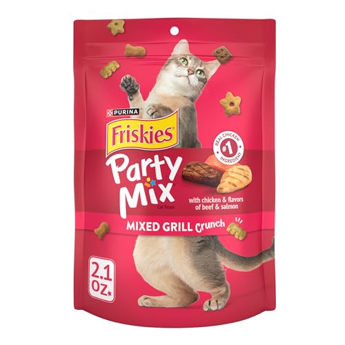 Purina Friskies Party Mixed Grill Crunch Chicken Beef and Salmon Crunchy Cat Treats - 2.1 Oz - Case of 10  