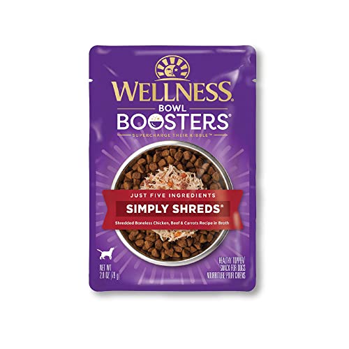 Wellness Core Bowl Boosters Simply Shreds Grain-Free Boneless Chicken Beef and Carrots Wet Dog Food Topper Pouch - 2.8 Oz - Case of 12  