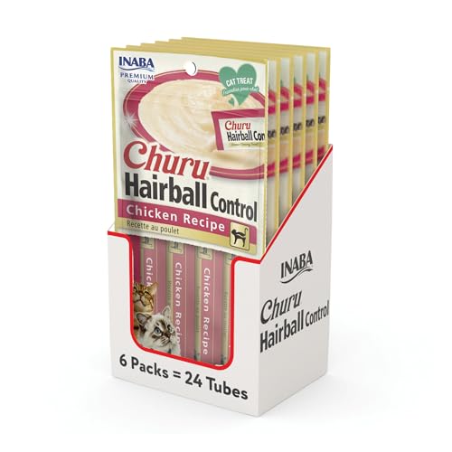Inaba Churu Chicken Hairball Control Lickable and Squeezable Puree Cat Treat Pouches - 2 Oz (4 Pack) - Case of 6  