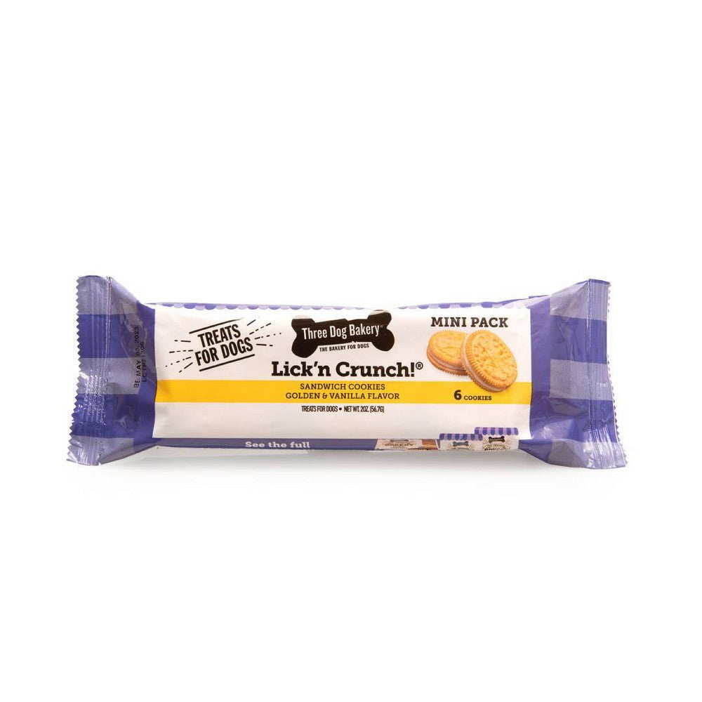 Three Dog Bakery Lik'n Crunch Golden Cookies with Vanilla Filling Crunchy Dog Treats - Mini Pack - 2 Oz - Case of 12 - 2 Pack