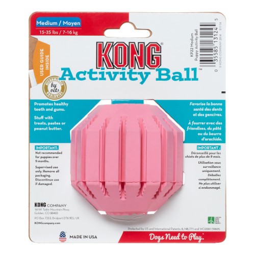 Kong Activity Ball Ribbed Treat-Inserting Chew and Fetch Puppy Rubber Dog Toy - Medium