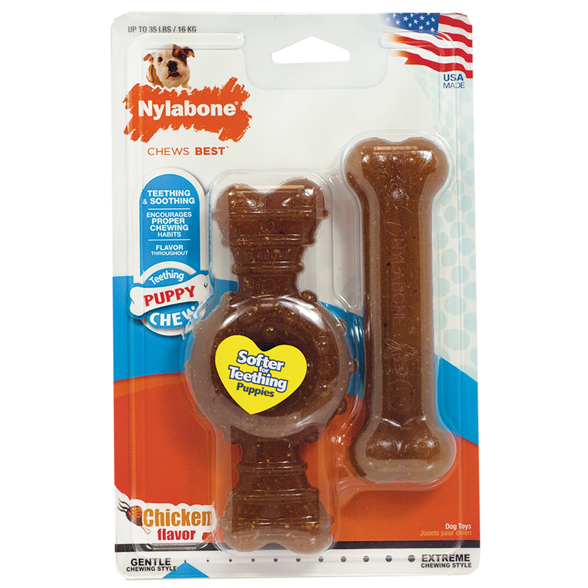 Nylabone Ring and Bone Puppy-Chew Chicken and Medley Flavor Teething Puppy Nylon Chew Dog Toy - Medium/Wolf - 2 Pack