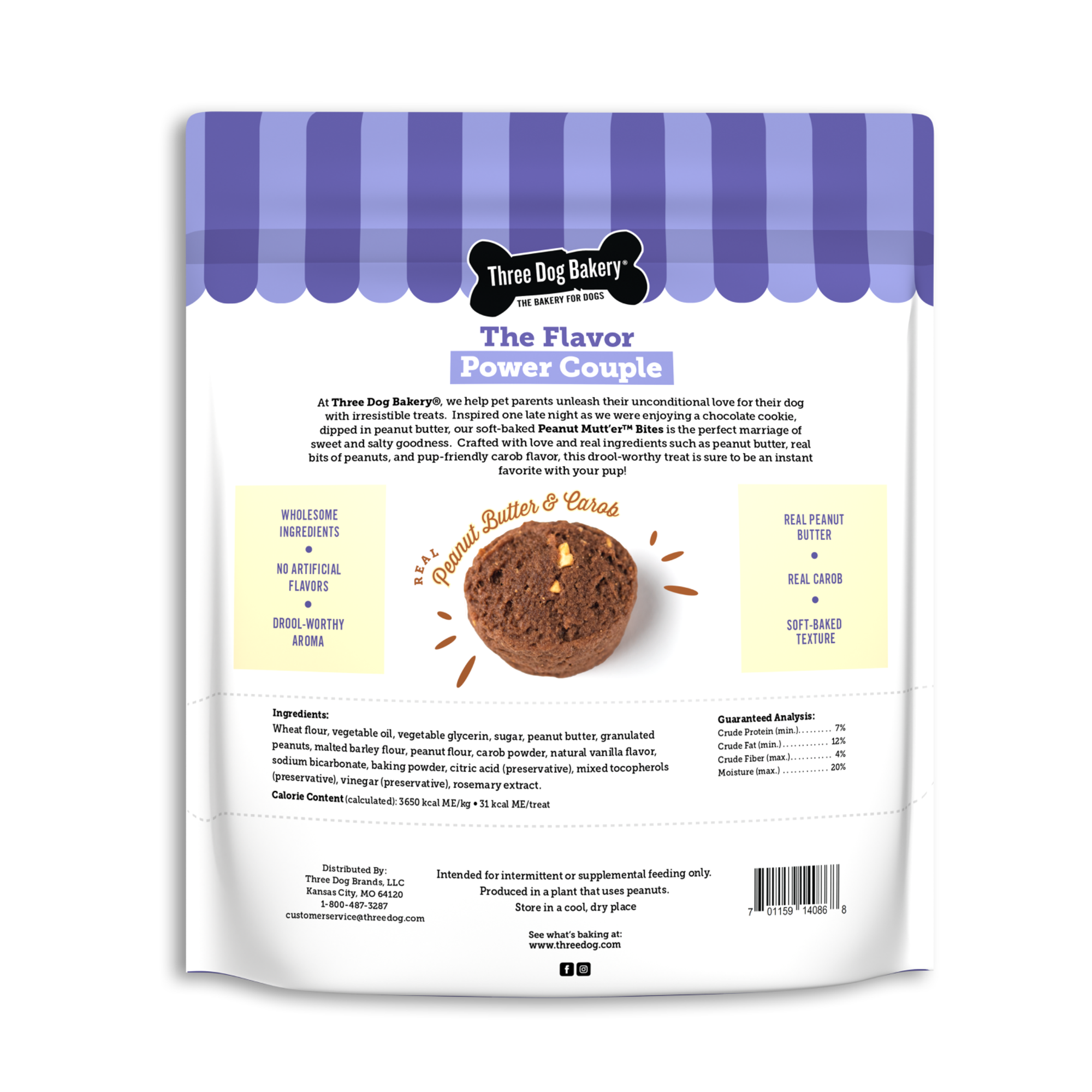 Three Dog Bakery Peanut Mutt'er Bites Peanut Butter and Carob Cookies Soft Baked Dog Treats - 18 Oz - Case of 4