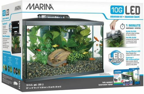 Hagen Marina LED Glass Aquarium Kit with Power Filter Net and Thermometer - 10 Gallons - L:20 X W:10 X H:12.5 Inches